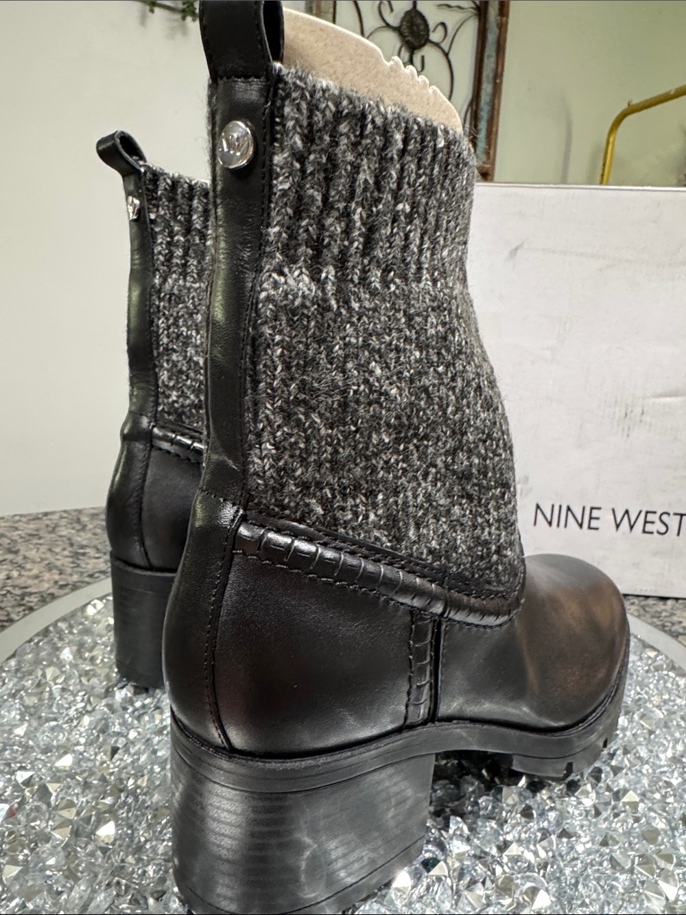 Nine West Black leather Ankle Boots with Gray Knit Cuff NWT 8.5 - Picture 2 of 13